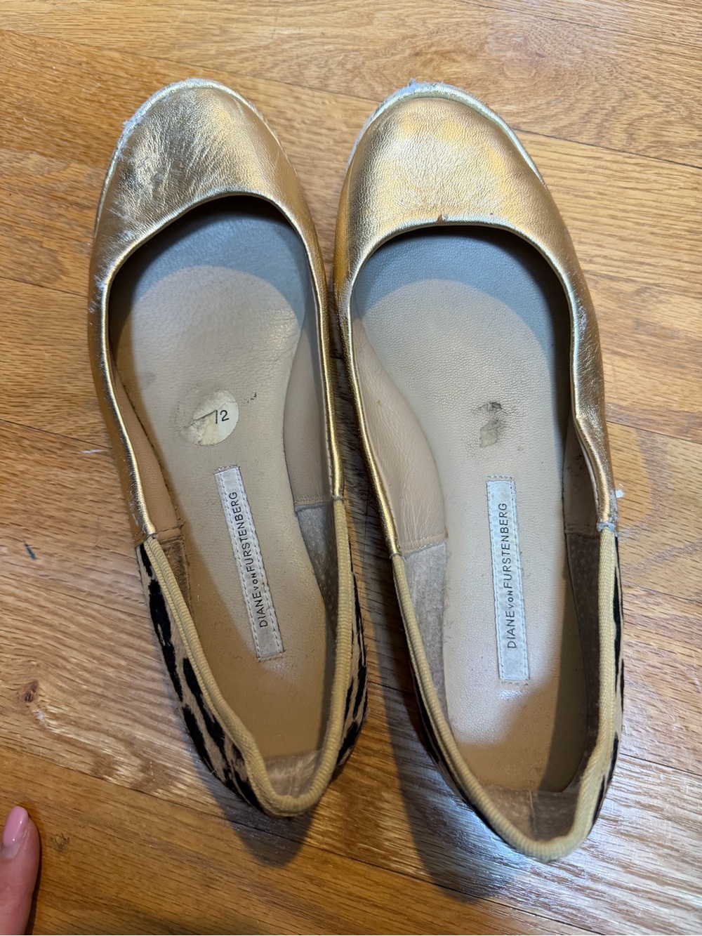 Diane Von Furstenberg Metallic Gold Ballet Flats with Leopard Trim
